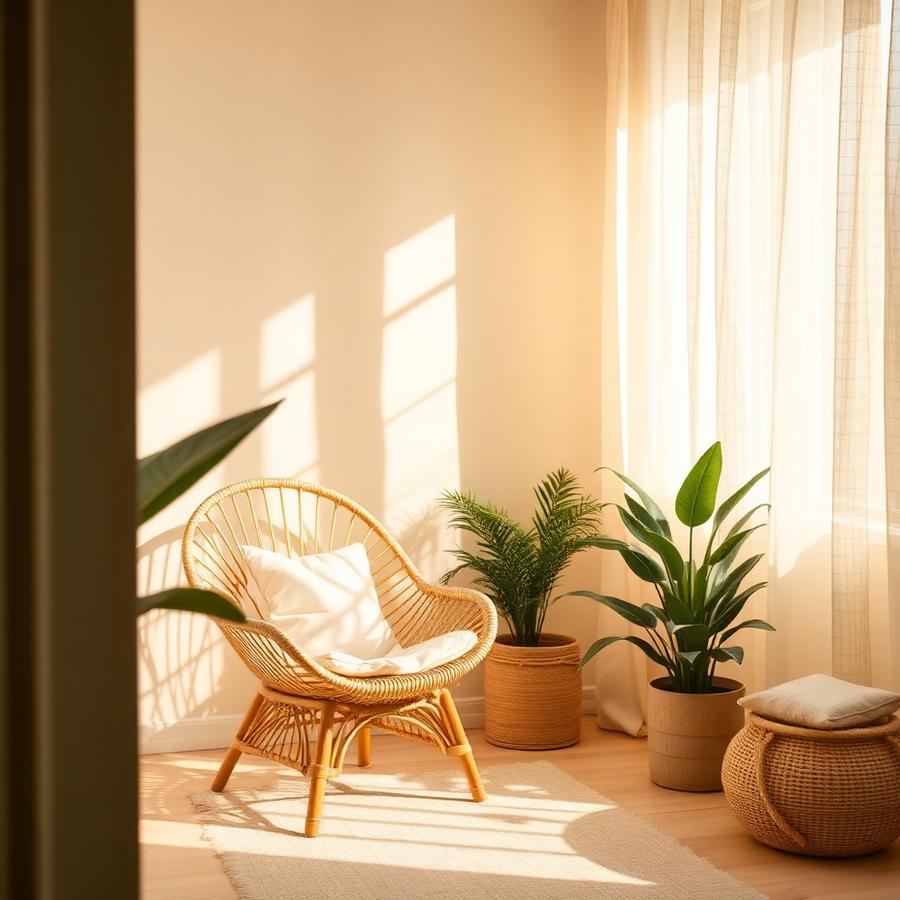 Roligt hjørne i klinikken med rattanstol og planter